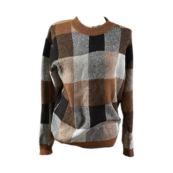 Cozy Brown and Black Crew Neck Sweater with Patchwork Design - Picture 5 of 6